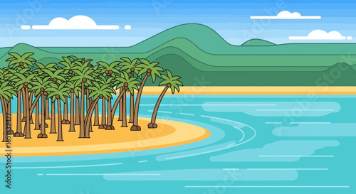 Tropical Paradise Island With Palm Trees And Clear Water Cartoon Style
