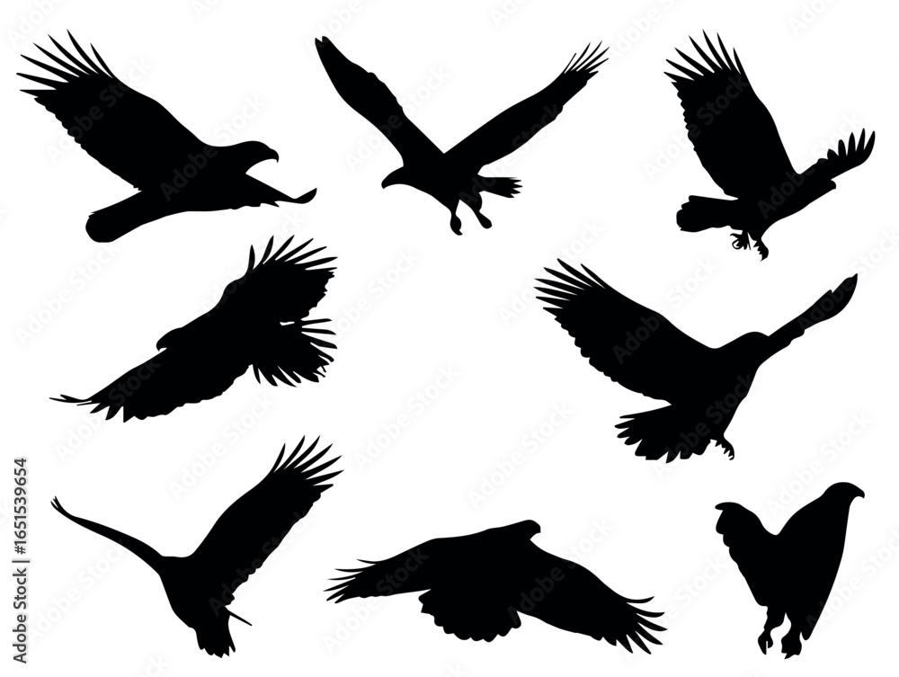 Obraz premium Eagle silhouette vector graphic featuring flying eagles soaring high in the sky for design needs