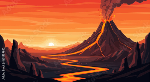 Volcanic Eruption At Sunset Landscape In A Stylized Digital Art