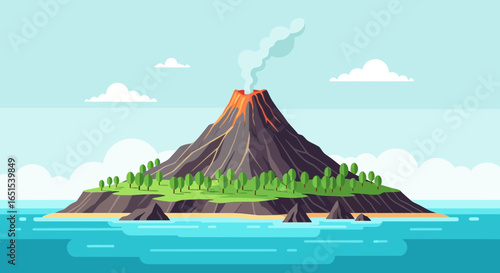 Volcanic Eruption On Tropical Island Surrounded By Ocean Waters