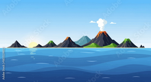 Volcanic Islands Rising From The Ocean At Sunrise Flat Design