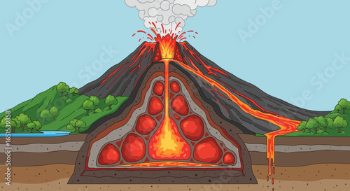 Volcano Cross Section Educational Diagram Featuring Magma Flow Eruption