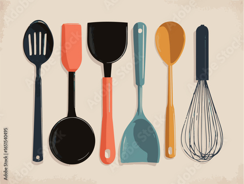 Illustration of kitchen utensils cooking tools including spatula spoon whisk for food prep