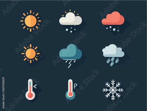 Weather forecast icons set sun cloud rain snow temperature vector graphic design elements for app