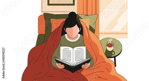Cozy Reading Time Illustration Woman Relaxing In Bed At Home