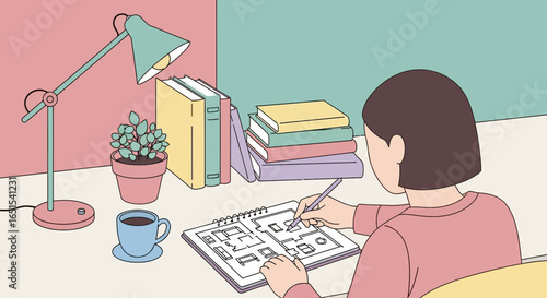 Creative Architect Sketching House Blueprint with Colorful Desk Scene