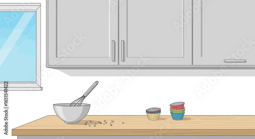 Kitchen Scene With Baking Utensils On A Wooden Countertop