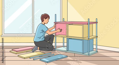 Man Assembling Colorful Furniture At Home Near Window