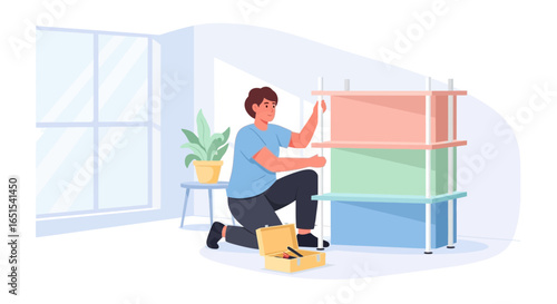 Man Assembling Furniture At Home Improving Interior Vector Illustration