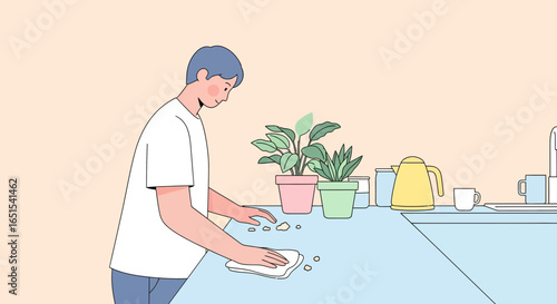 Man Doing Chores Cleaning Kitchen Counter With a Cloth Illustration