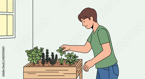Man Caring For Herb Garden In Raised Bed Indoors Near Window