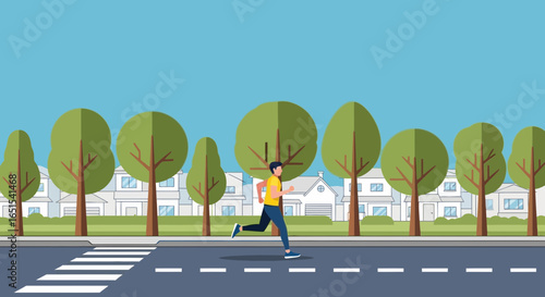 Man Doing Morning Jog In Suburban Neighborhood Flat Vector