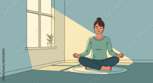 Mindful Woman Meditating In Sunlit Room At Home Cartoon Style