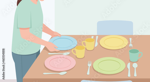 Person Setting a Table with Colorful Plates and Cups