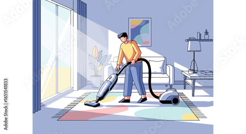Person Vacuuming The Living Room Cartoon Style Illustration