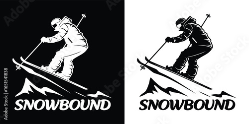 Snowbound skier descending a mountain slope, captured in both black and white versions, perfect for winter sports and adventure themes