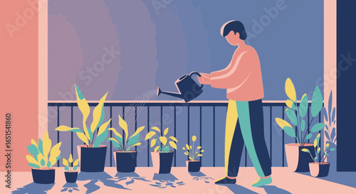 Person Watering Plants On Balcony In Flat Style Illustration