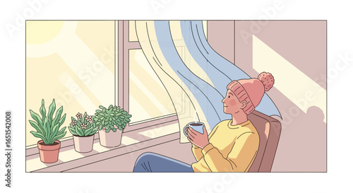 Serene Moment Woman Enjoying Morning Coffee by Window Illustration