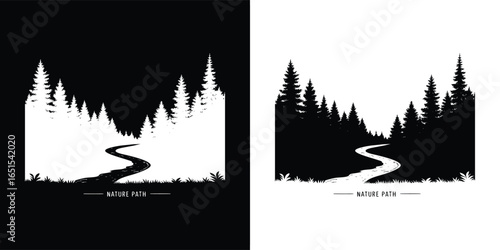 Black and white silhouette of a winding forest path leading through pine trees, evoking a sense of adventure and exploration in nature