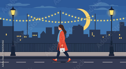 Stylish Woman Walking in City at Night with Crescent Moon
