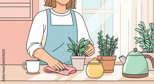 Woman Cleaning Kitchen Counter with Plants and Tea Kettle