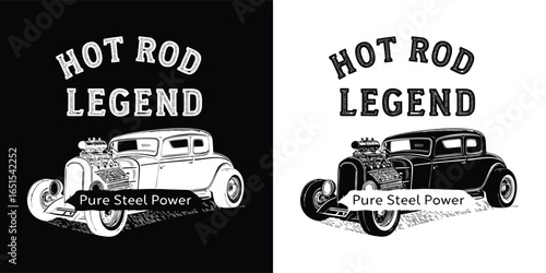 A classic hot rod car with a powerful engine, labeled hot rod legend and pure steel power, representing automotive excellence and speed