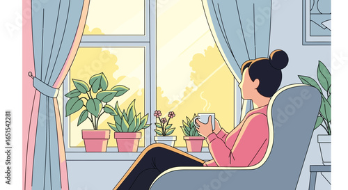 Woman Enjoying Morning Coffee by Window with Potted Plants
