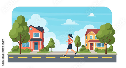 Woman Exercising By Running In Neighborhood Illustration Scene