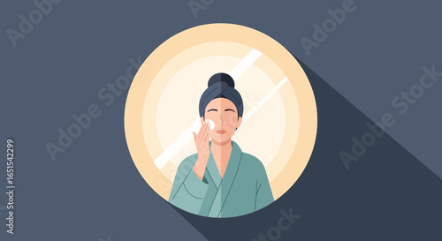 Woman In Bathrobe Applying Face Cream In Minimalist Illustration