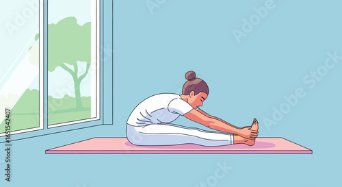 Woman Practicing Seated Forward Bend Yoga Pose Illustration