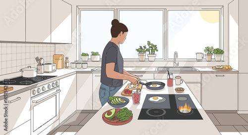 Woman Prepares Healthy Breakfast In Bright Modern Kitchen Environment