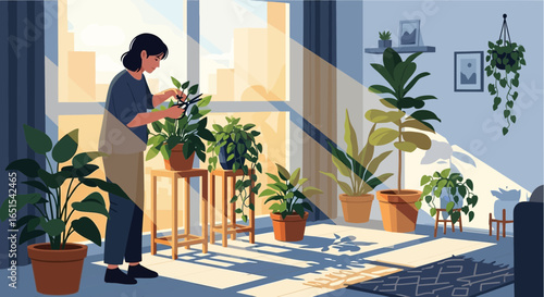 Woman Pruning Indoor Plants At Home With Sunlight Streaming Through Windows
