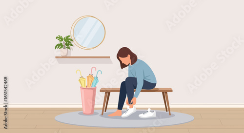Woman Putting On Sneakers Inside Minimalist Home Entrance Illustration