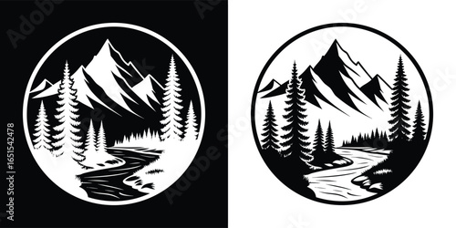 Circular emblem featuring a majestic mountain range with pine trees and a winding river, rendered in a striking black and white graphic style