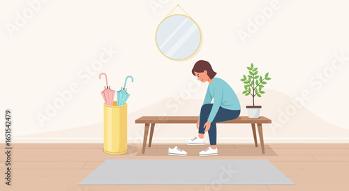 Woman Putting On Shoes In Home Interior Setting Flat Vector
