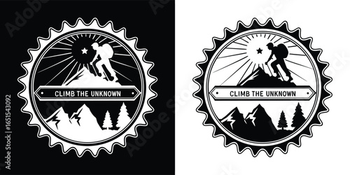 Retro emblem featuring a climber ascending a mountain peak under the sun, representing achievement and outdoor adventure