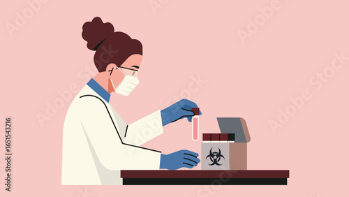 Female scientist in laboratory placing test tube into biohazard safety box, medical research, virus testing. Flat vector illustration