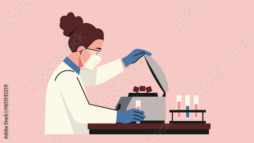 Female scientist in protective mask and gloves working with centrifuge machine and test tubes in laboratory, medical research, diagnostics, and scientific experiments. Flat vector illustration