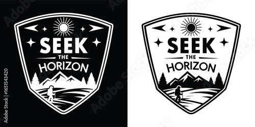 Vintage style emblem with a hiker silhouette, mountains, trees, and the sun, symbolizing adventure and exploration, with text seek the horizon