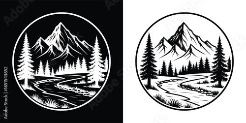 Circular emblem featuring a majestic mountain range with snowcapped peaks, surrounded by pine trees and a winding river, evoking adventure and nature