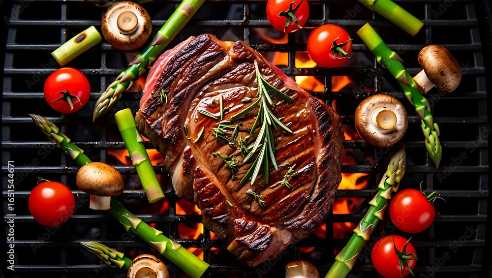 Naklejka premium Juicy ribeye steak grilling with asparagus and tomatoes on a hot barbecue