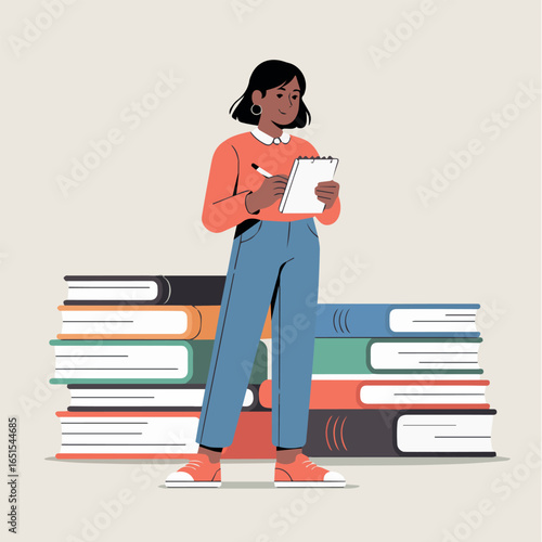 Illustration of woman writing notes on clipboard next to books for education and study design vector