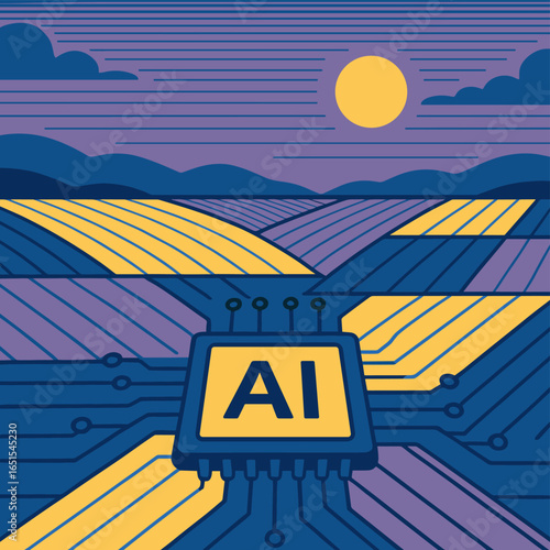 Futuristic ai technology integrating with agriculture landscape in a linear style
