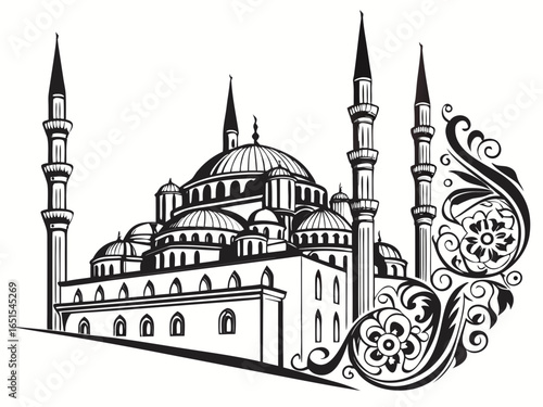 Illustration of a mosque with multiple domes and minarets with floral design elements on the side created with generated ai