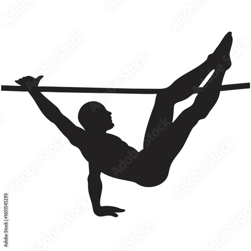 Silhouette of gymnast performing a straddle l on a high bar with legs raised in a v shape position created with generated ai