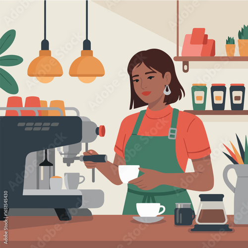 Illustration of barista making espresso coffee in cafe shop with coffee machine and cups and plants vector