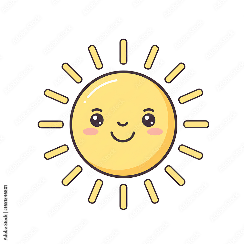 Fototapeta premium A cheerful yellow cartoon sun with a bright smiling face radiates warmth and happy summer vibes