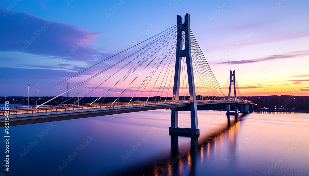 Naklejka premium Modern cable-stayed bridge at sunset over calm water