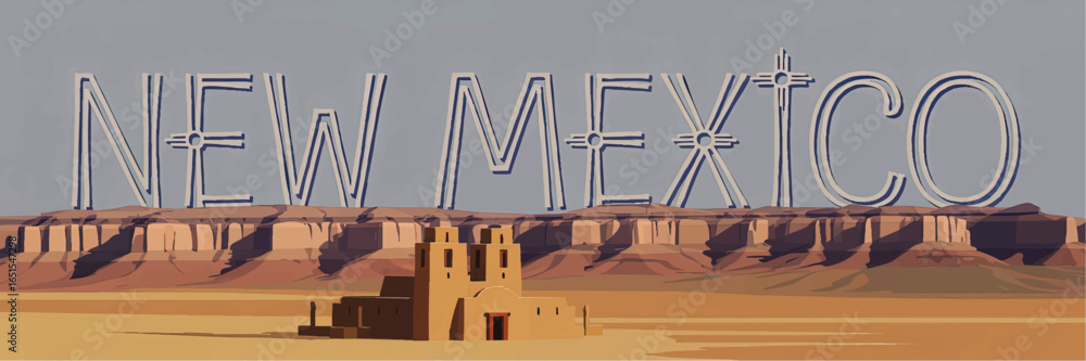 Obraz premium New Mexico Desert Landscape Illustration with Pueblo Adobe Church, Mesas, and Zia Symbol in Southwest Colors for Travel Promotion