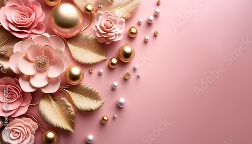 3d pink gold flowers and pearls isolated on pink background with space for text